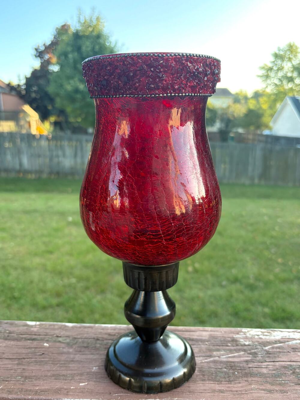 Vintage Ruby Red Crackle Glass Hurricane Candle Holder Pedestal Base India 11"
